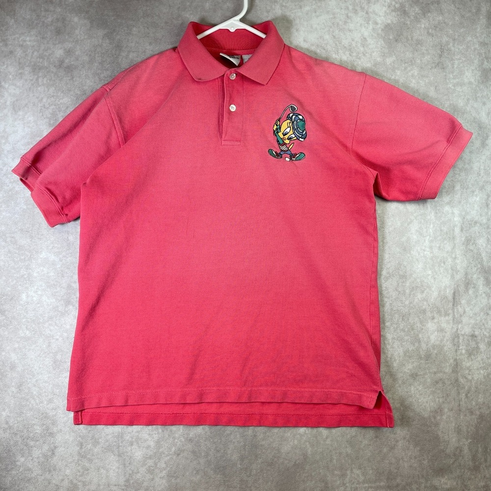 VTG Tweety Bird Acme Looney Tunes Polo Shirt Mens Small Pink Golf Embroidered
